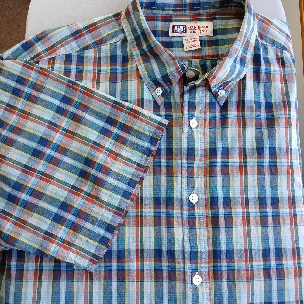 Faded Glory Primary Color Plaid Button-Up Shirt L (42/44) cotton vtg Y2K SS
